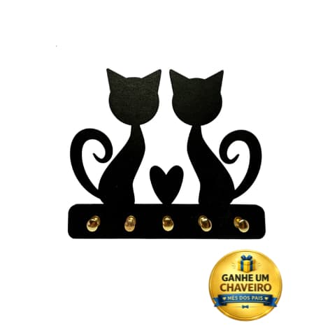 Porta-Chaves MDF 6mm Gatinhos e Coração com 5 Ganchos com Fita Dupla Face e Chaveiro