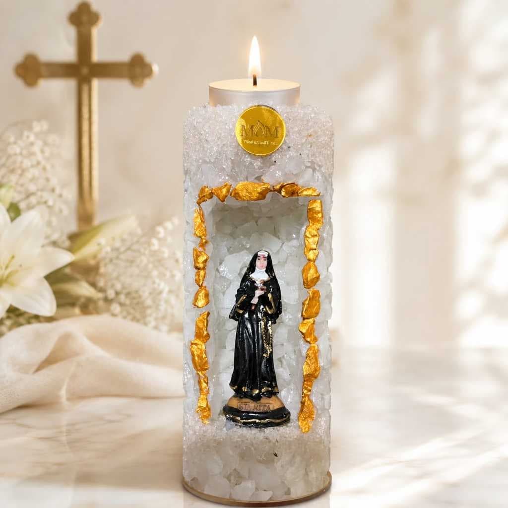 Vela Gruta Santa Rita de Cássia + 4 Refis | Artesanal Luxo | Detalhes em Dourado e Pedras de Quartzo