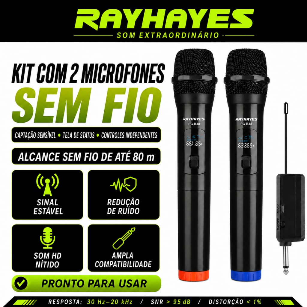 Microfone Sem Fio Rayhayes RG-B38 UHF 80m Alcance Redução Ruído HD Karaokê Shows