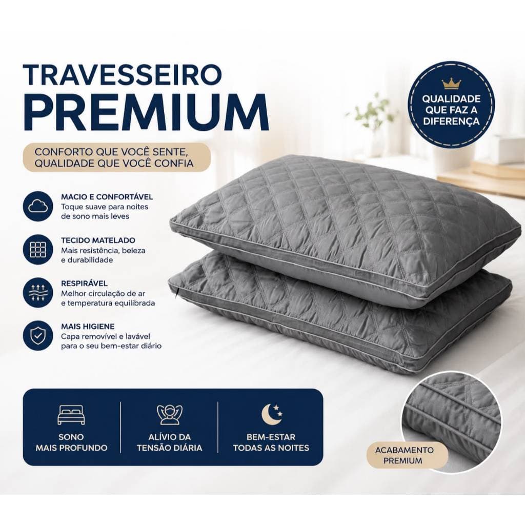Travesseiro Grid Cinza com Zíper - Enchimento Ajustável 70x45