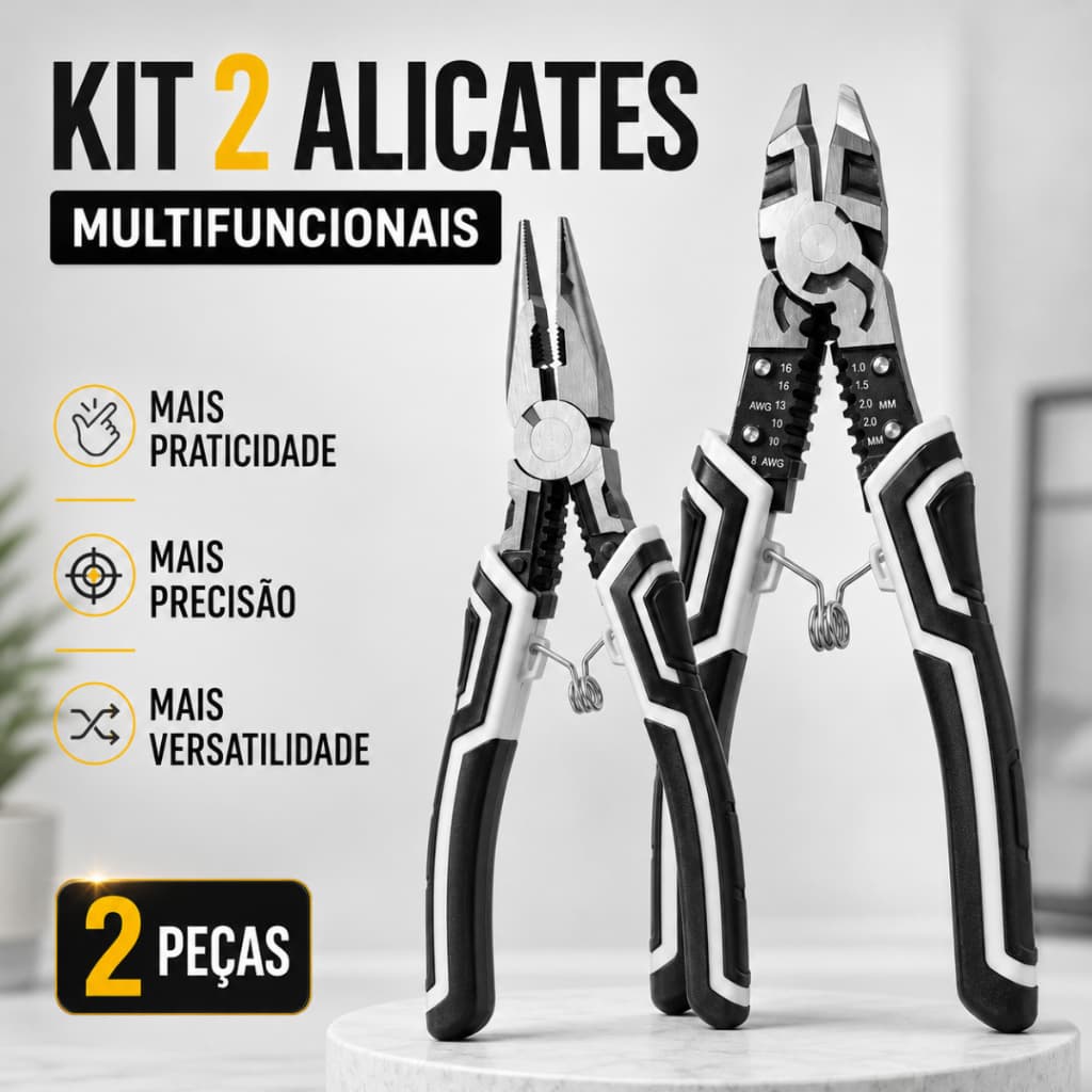 Kit 2 Alicates Multifuncionais Bico Longo Desencapador Cortador de Fios Mola Manutenção Ergonômico Eletricista