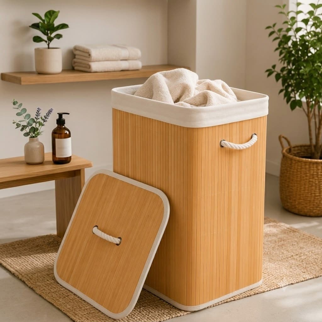 Cesto de Bambu com Alças e Tampa 70L Grande Organizador Roupa Suja Brinquedo Decorativo Banheiro