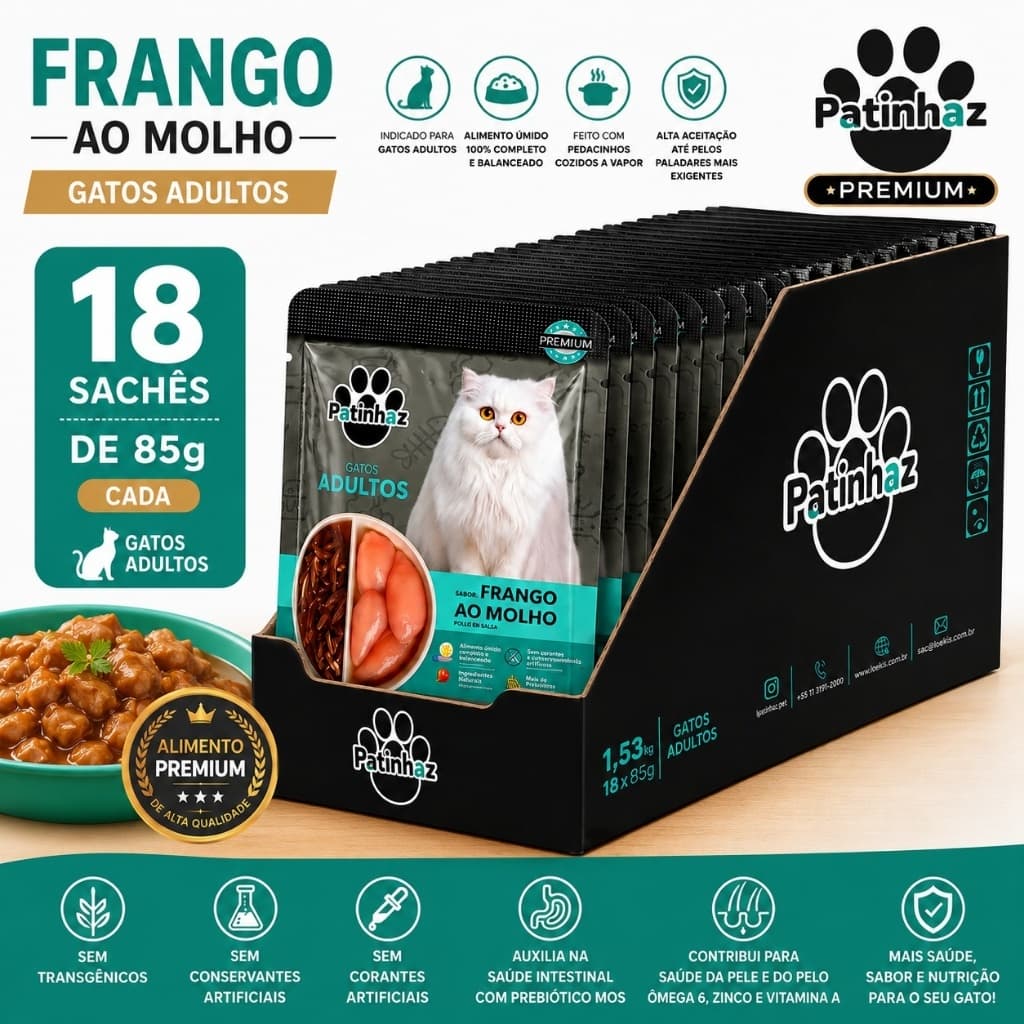 KIT 18 UN SACHE PATINHAZ GATO FRANGO AOMOLHO 85G -RAÇÃO UMIDA - SACHE FRANGO