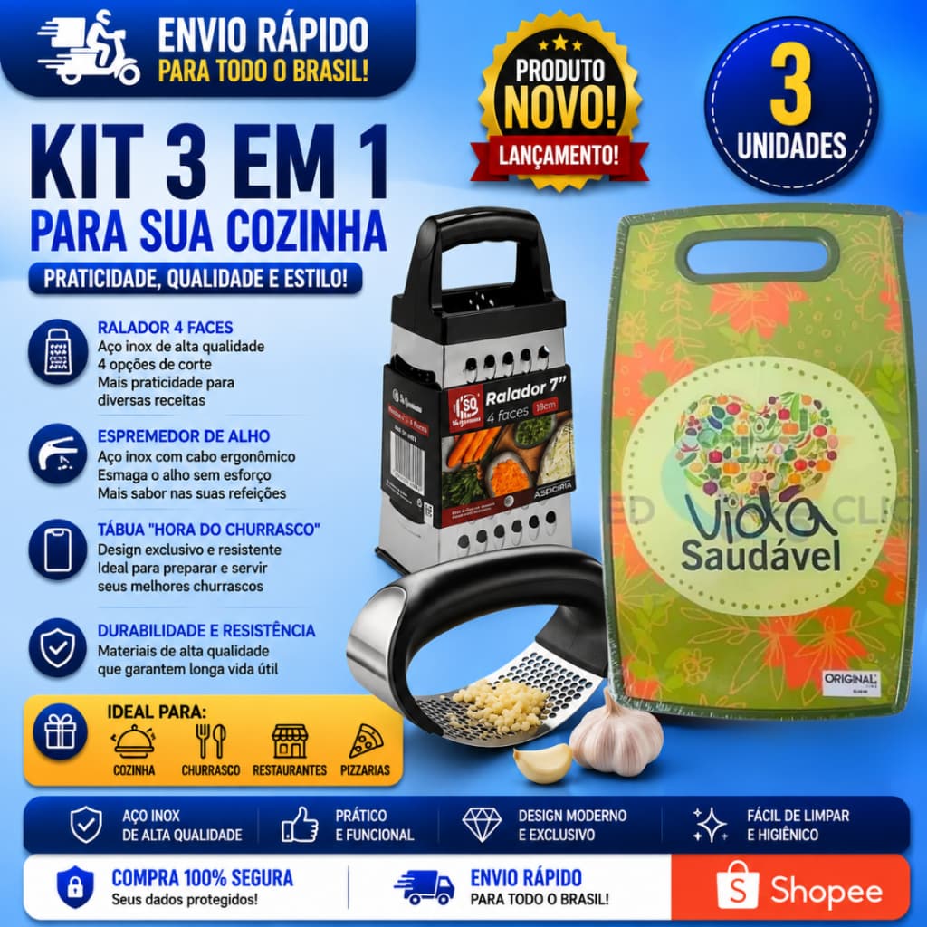 Kit 3 em1 Tabua de Carne 20x30 + Amassador de Alho+  Ralador 4 Faces de Cozinha para Carne Legumes