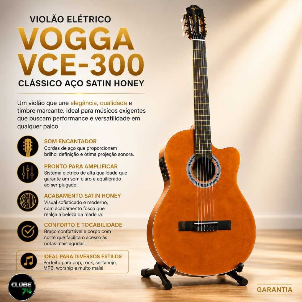 Violão Elétrico Vogga VCE-300 Clássico Aço Satin Honey