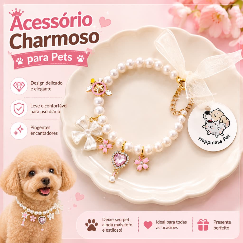 Coleira Pet de Pérolas Ajustável com Pingente Decorativo Luxo para Gatos e Cachorros Pequenos