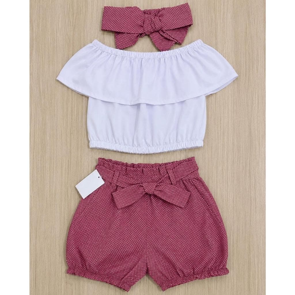 Conjunto Infantil Ciganinha Branco com Short Poá e Faixa de Cabelo I 4 anos