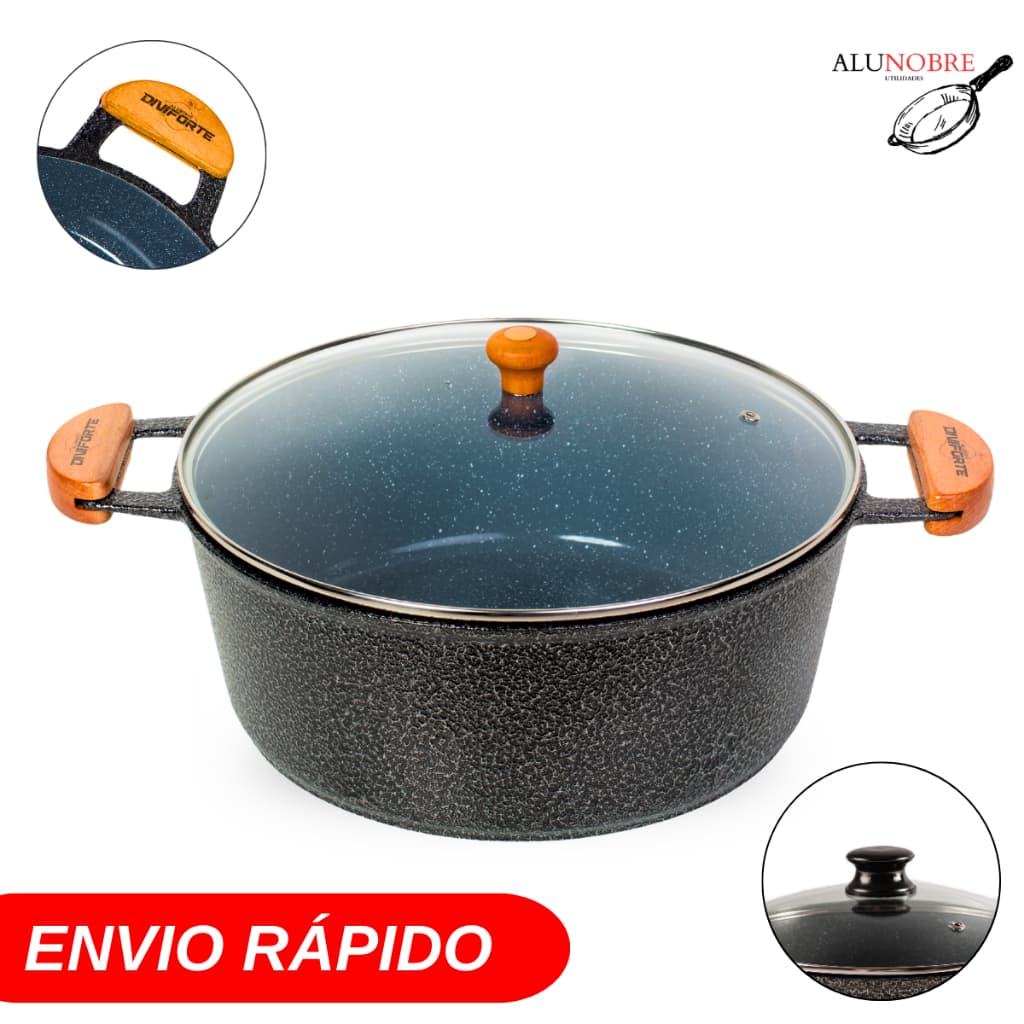 Panela 12 litros Ceramica Antiaderente 36 cm Aluminio Fundido Preta Com Tampa de Vidro