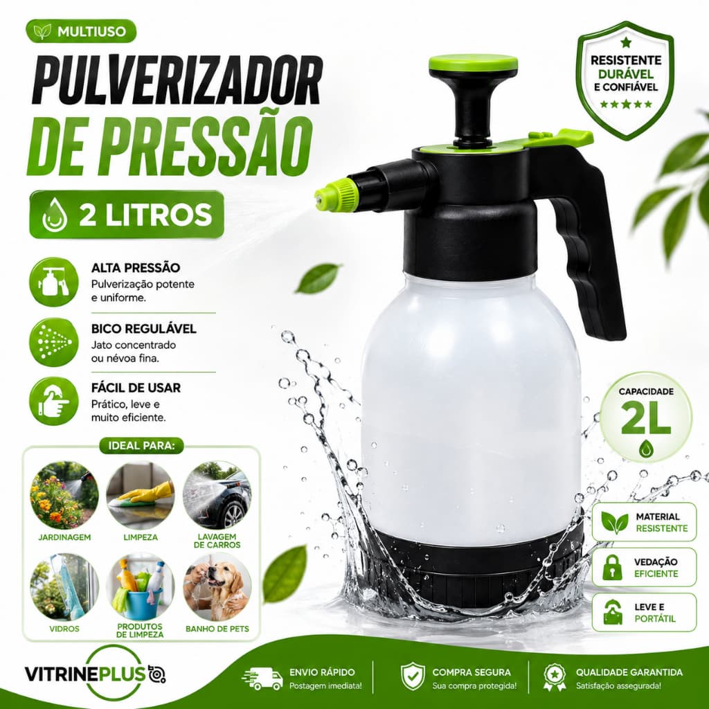 Pulverizador Manual Pressão 2 Litros Compressão Borrifador Multiuso Jardim Limpeza Carro Plantas Bico Regulável