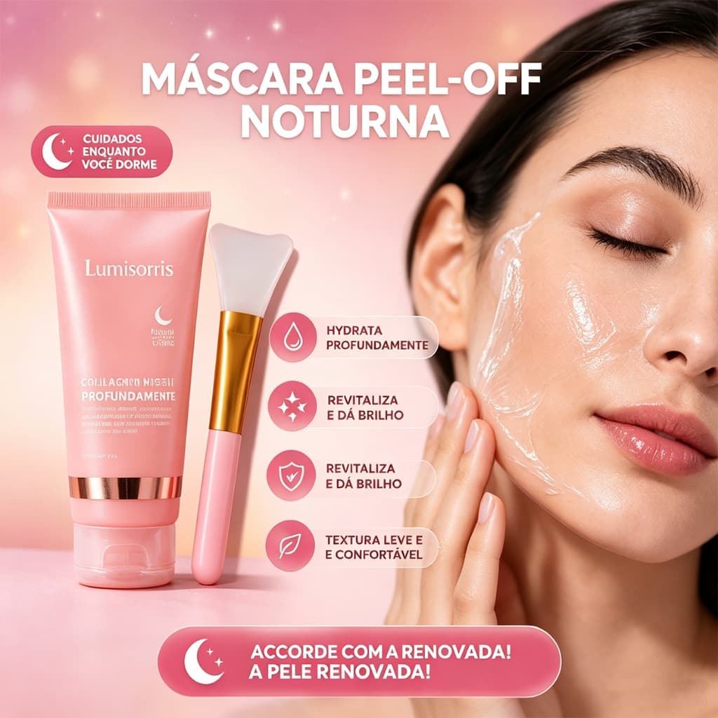 Máscara Facial Peel Off Noturna LUMISORRIS Colágeno, Hidratação Profunda com Ácido Hialurônico e Niacinamida, Cuidados c