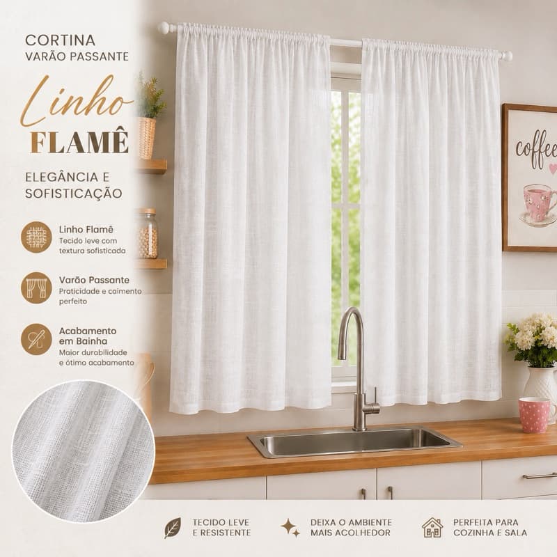 Cortina Linho Voil Flame Luxo 2,00x1,50 Varão Passante Sala Quarto