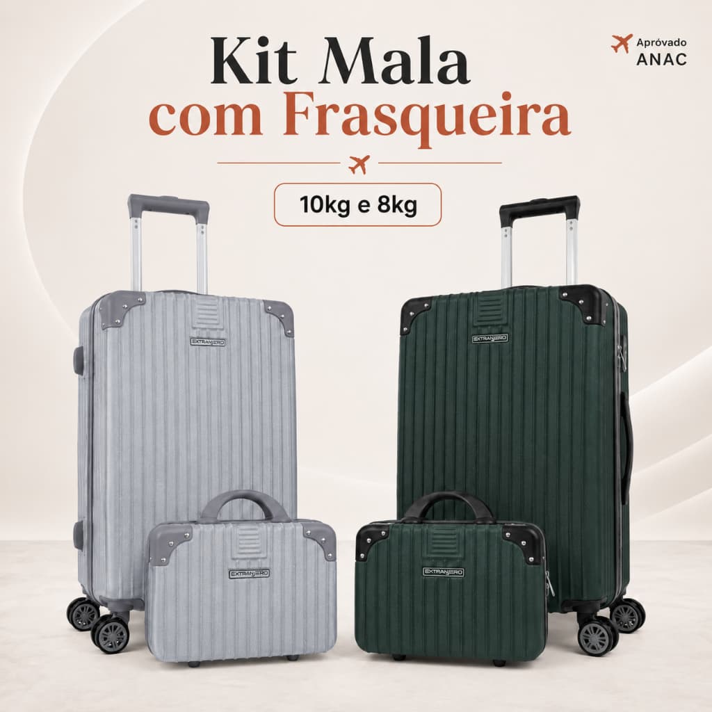Kit Mala de Viagem com Frasqueira 10kg e 8kg Rodas 360° Removível Zíper Expansível Cadeado TSA