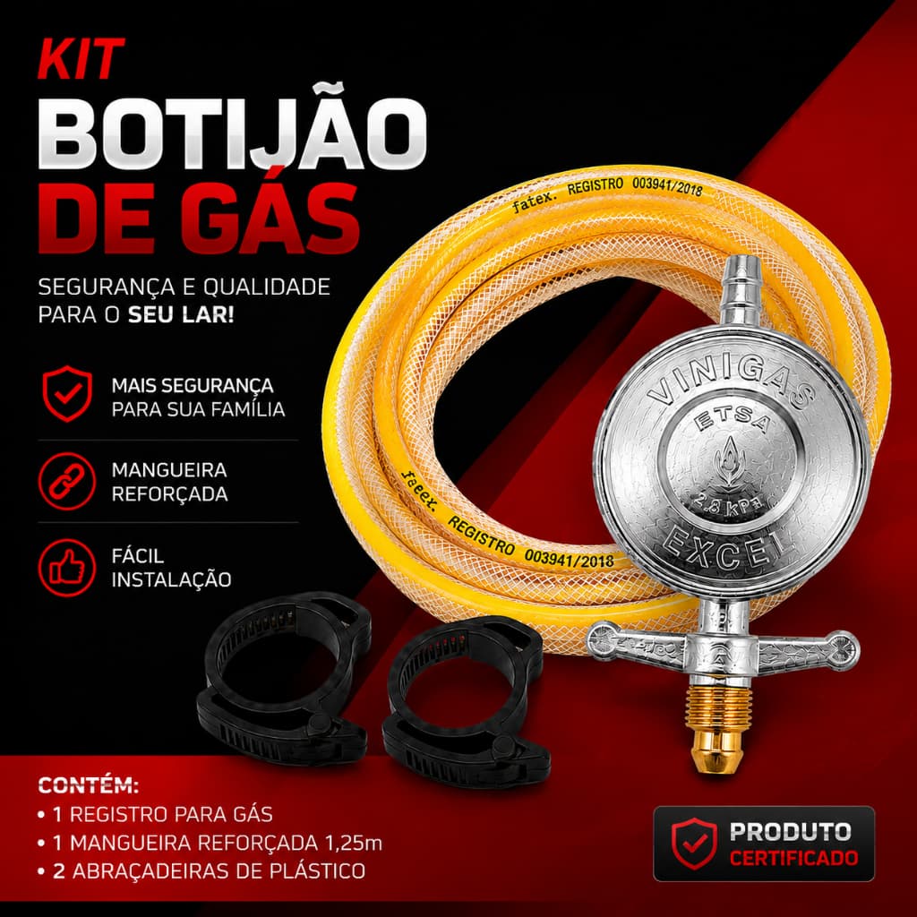 Kit Registro Regulador Gás Botijão P13 Com Mangueira 1,25m e 2 Abraçadeiras Instalação Fogão Certificado inmetro