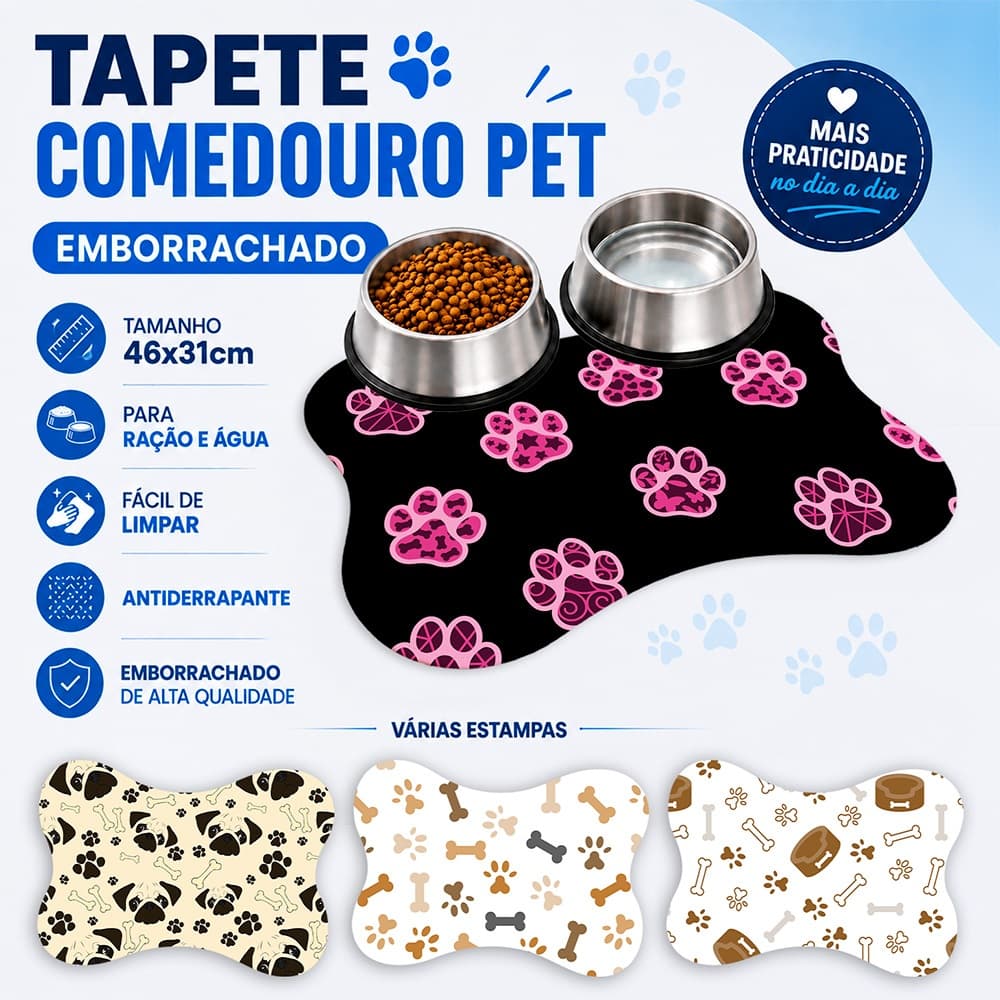 Tapete Pet para Alimentação Modelo Ossinho Comedouro Protege o Piso 46x31 Antiderrapante
