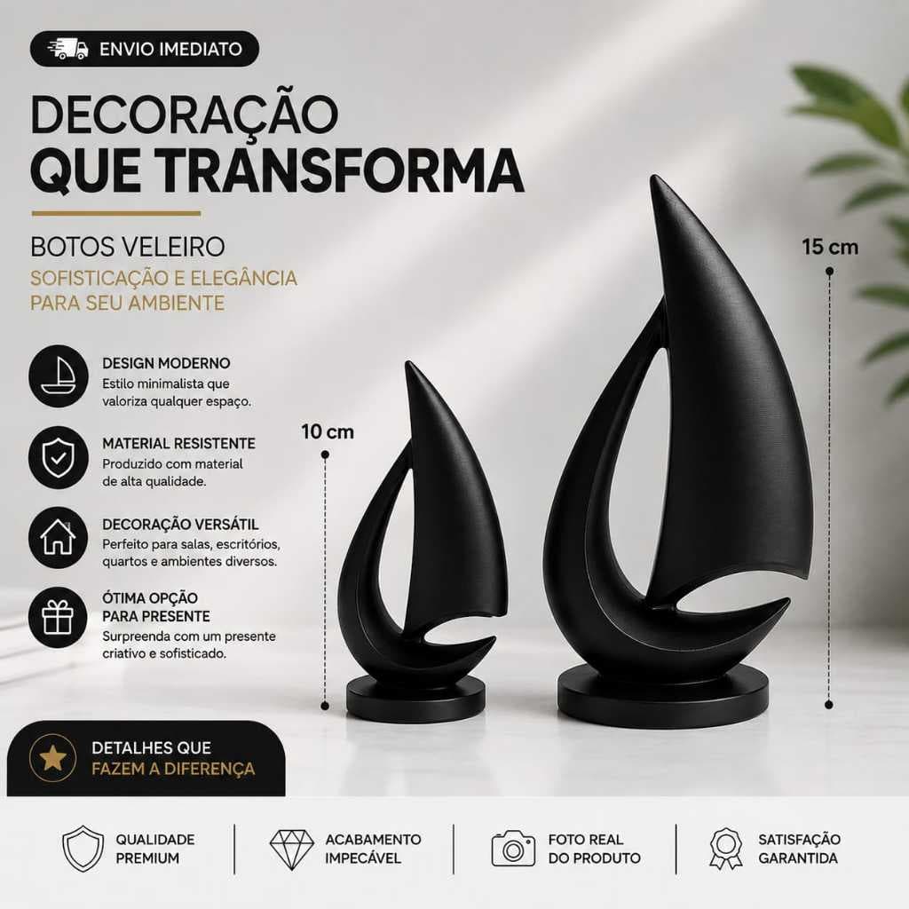 Kit Escultura Barcos Veleiro Decorativo 2 Peças 10cm e 15cm Decoração Moderna Sala, Escritório