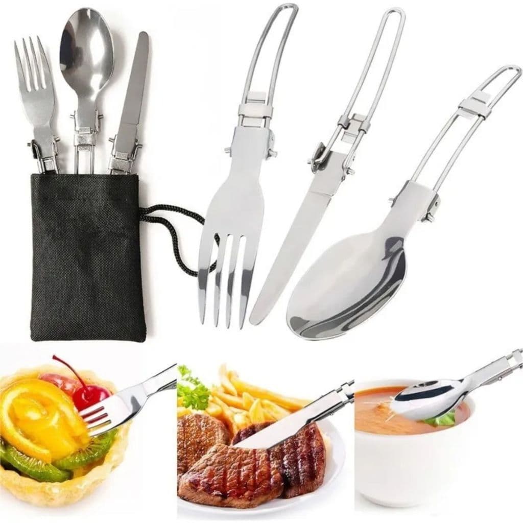 Kit 3 Talheres Colher Garfo Faca Dobrável Aço Inox Camping