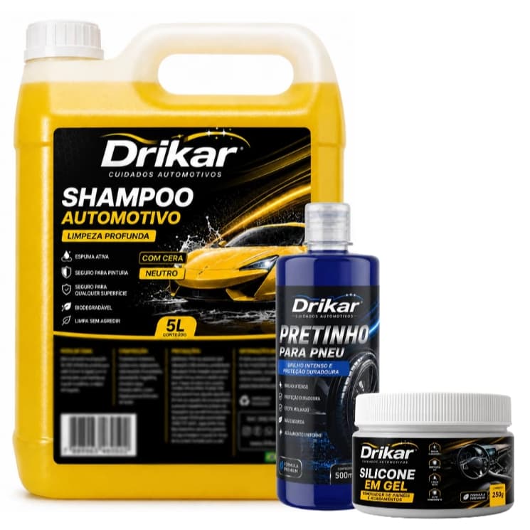 Kit Lavagem Automotiva Shampoo com Cera 5L + Pretinho para Pneu 500ml + Silicone em Gel 250g Drikar