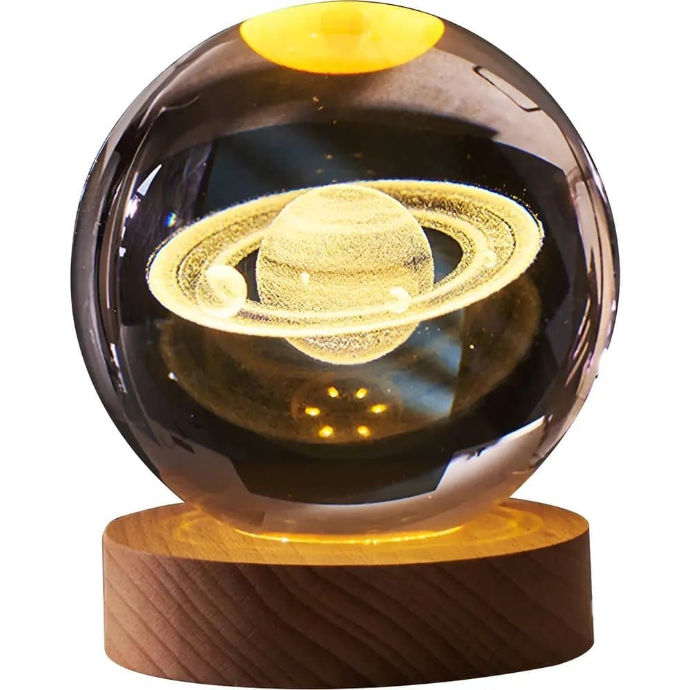 Luminária LED Bola de Cristal Galáxia 3D Decorativa com Base de Madeira