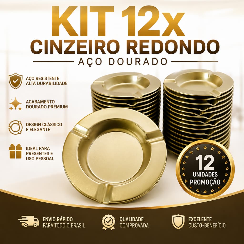 Kit 12 Cinzeiros Redondos Dourados em Metal Cinzeiro Resistente para Bar Casa Área Gourmet e Festas