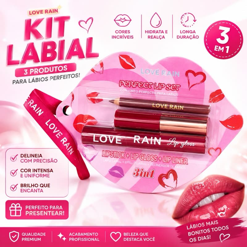 Kit Labial 3 em 1 Love Rain | Gloss Labial + Batom + Lápis de Boca | Longa Duração | Maquiagem Feminina