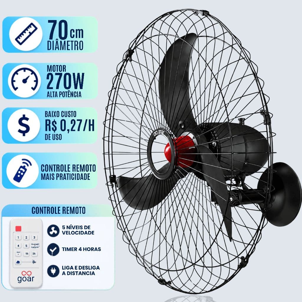 Ventilador de Parede 70cm Com Controle Remoto Goar Bivolt 270w Potente P/Industria Grandes Ambientes