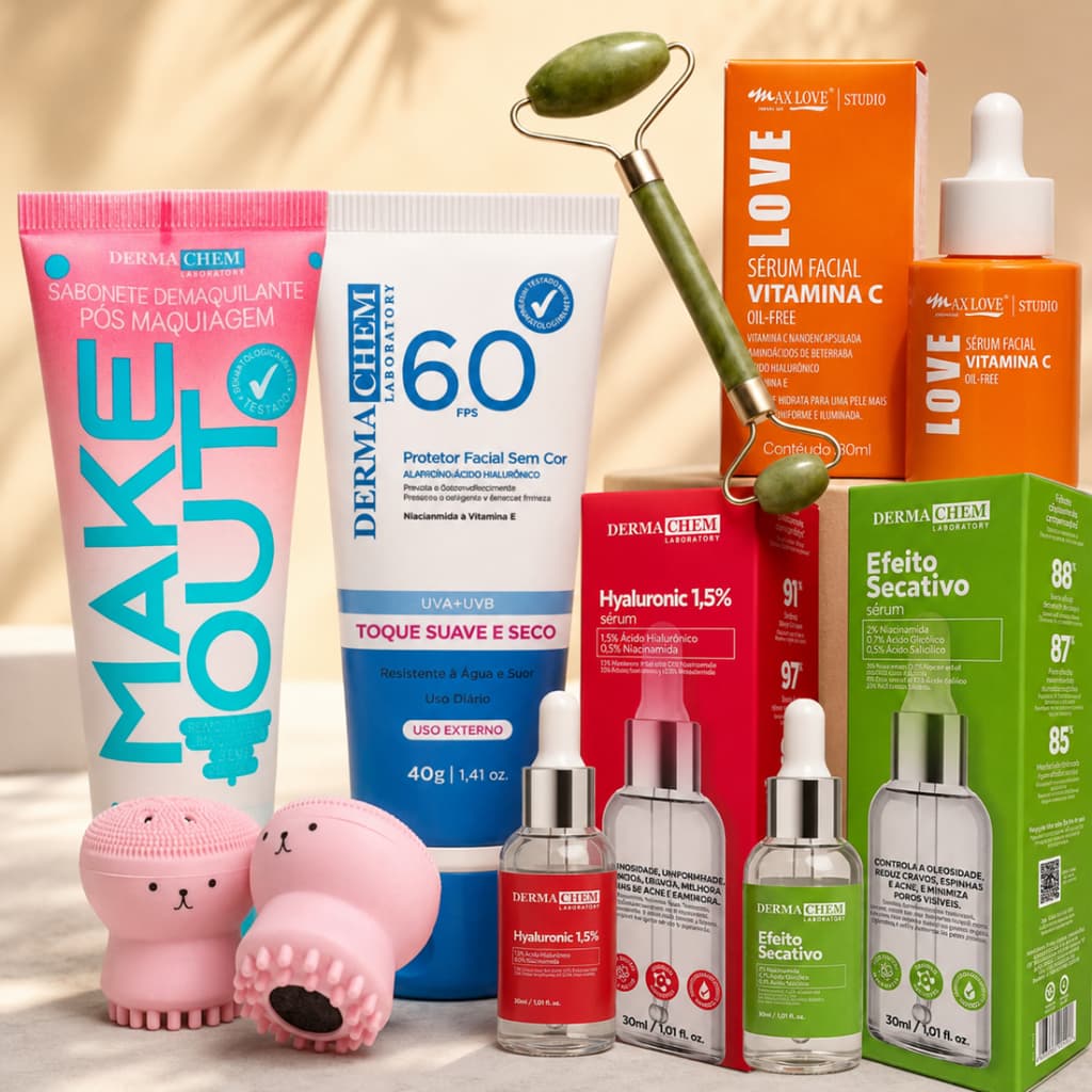 Kit Skincare Completo Dermachem Max Love Vitamina C FPS60 Ácido Hialurônico Limpeza Facial Anti Oleosidade