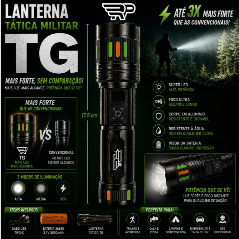 Lanterna Tática Militar Led TG Mais Forte Potente Prova D'água Recarregável Ip67 Acampamento Chácara