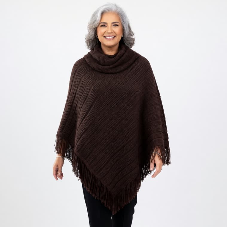 Poncho Feminino Tricot com Franjas Roupas para Senhora