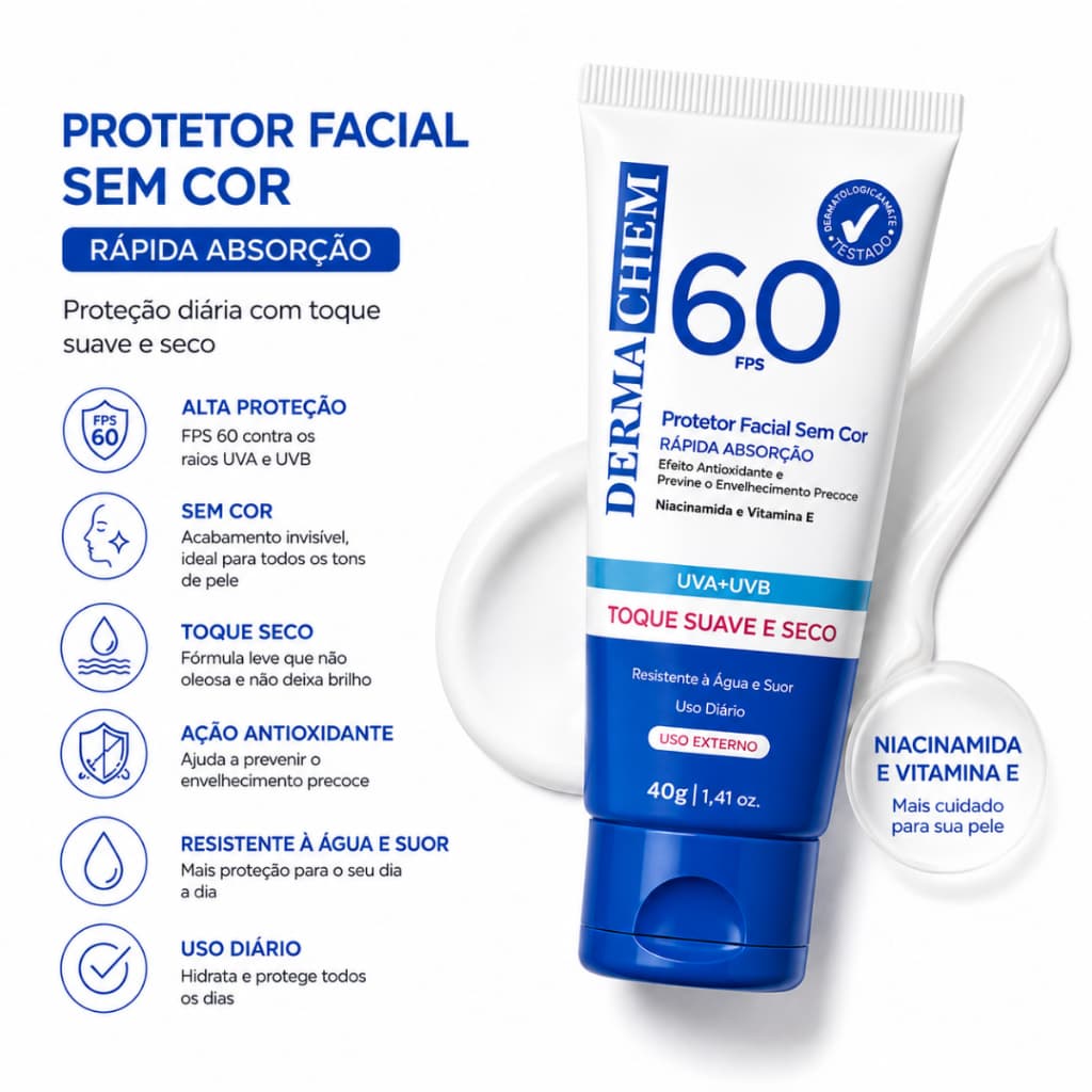 Protetor Solar Facial 60 Fps Com Niacinamida e Vitamina E Toque Suave Prova D'água 40g Dermachem