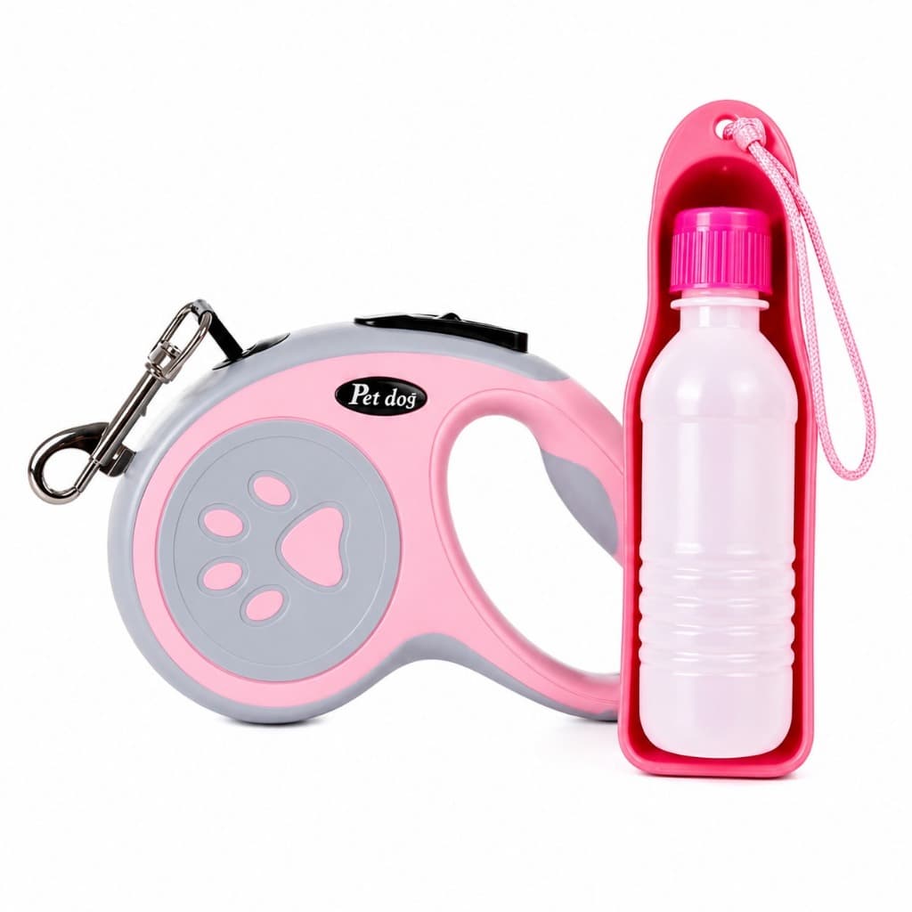 Kit Passeio Pet Trela Retrátil 5M + Bebedouro Portátil 250ml Rosa