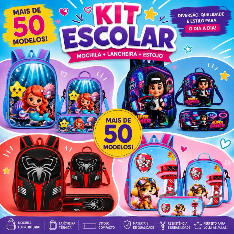 Mochila Escolar Infantil Menina Menino + Lancheira Térmica Regulável + Estojo forro Interno