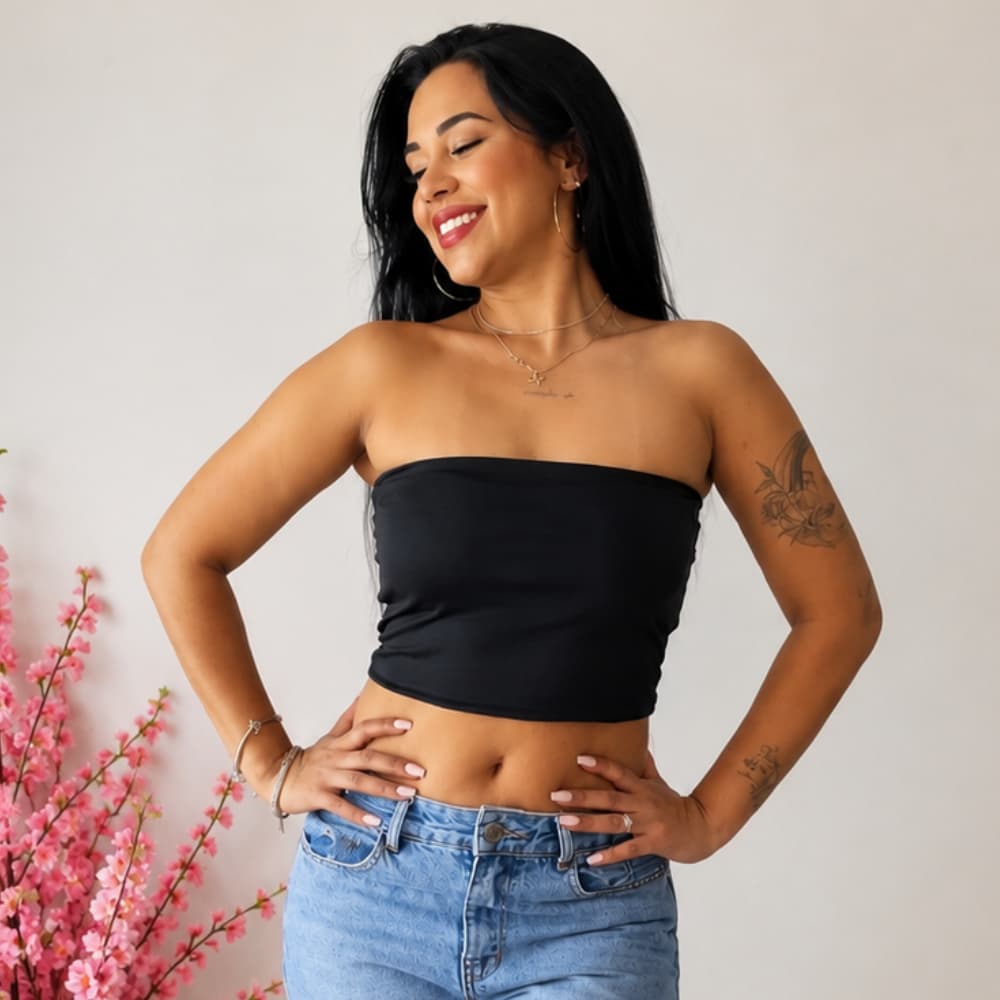 Top Tomara Que Caia Cropped Preto Liso Feminino