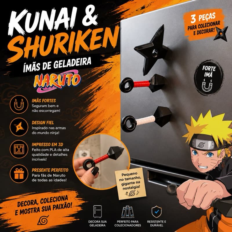 Kit Ímãs de Geladeira Kunai e Shuriken Naruto | Impressão 3D | Decoração Geek | Presente para Fãs de Anime