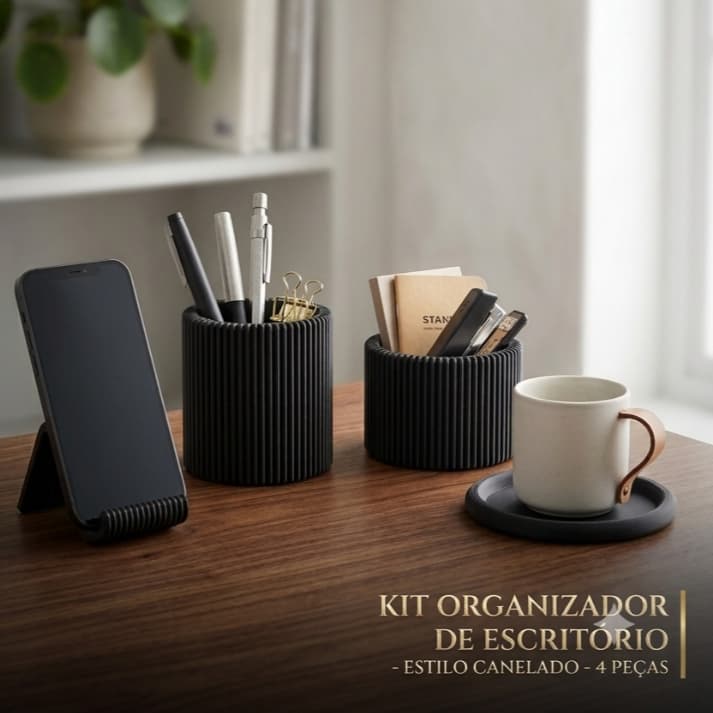 Kit Organizador de Mesa Escritório 4 Peças Canelado: Suporte Celular, Porta-Caneta, Porta-Clipes e Porta-Copo