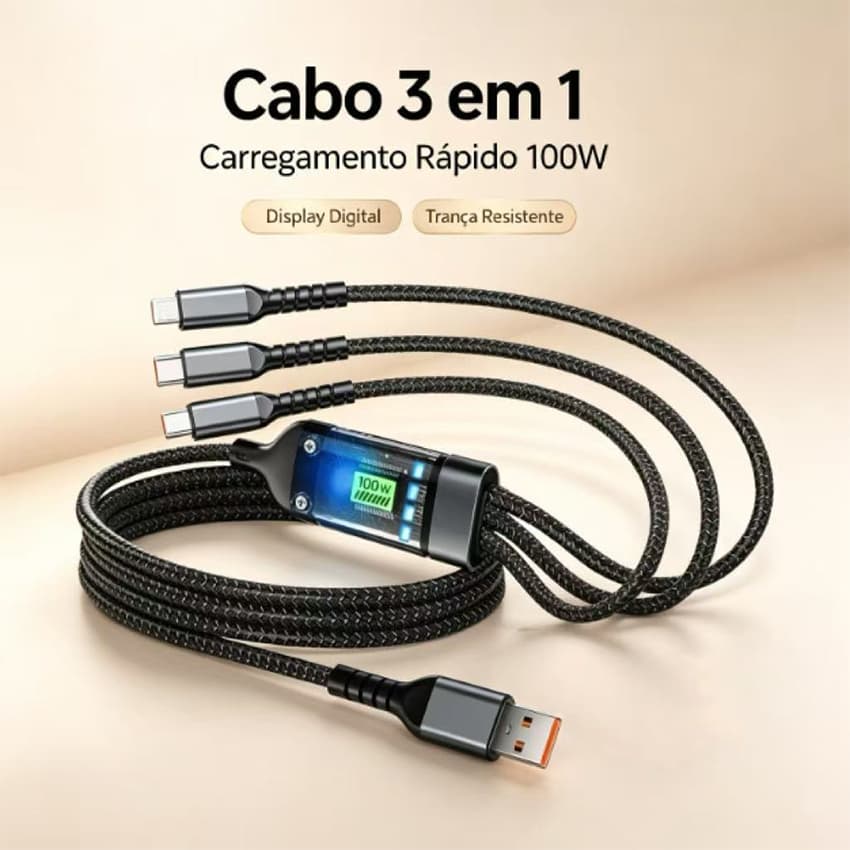 Cabo de carregamento ultrarrápido 3 em 1 de 100 W – Trançado, resistente a quebras (Micro, Lightning, Tipo-C)