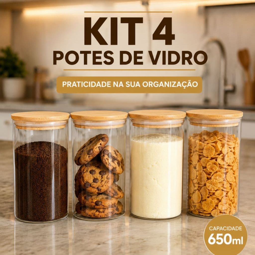 Kit 2 ou 4 Potes Vidro Hermético 650ml Tampa Bambu Porta Mantimentos Temperos Organizador de Cozinha