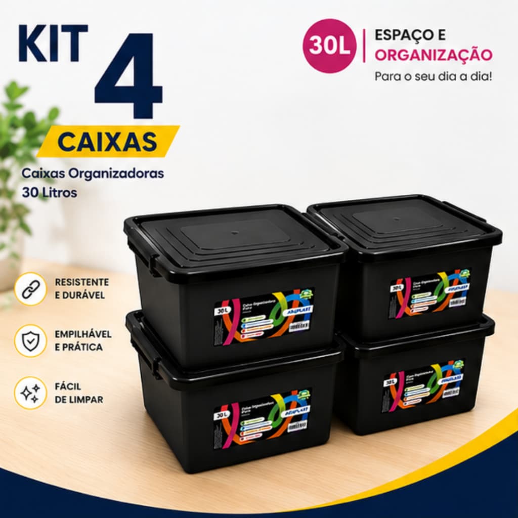 Kit De 4 Caixas Cesto 30 Litros Caixa Organizadora Multiuso Pretas Com Tampa e Trava Organizador