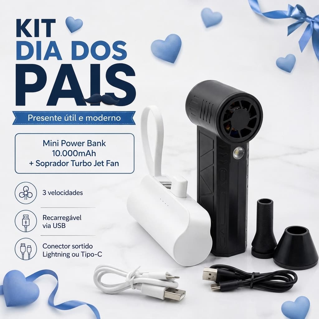 Kit Presente Dia dos Pais Mini Power Bank 10000mAh + Soprador Turbo Jet Fan Recarregável 3 Velocidades
