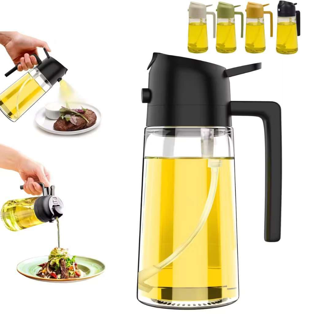 Azeiteiro De Vidro Spray e Bico 2 em 1 Oleo Garrafa para Azeite e Vinagre 470ml com Dosador Automático