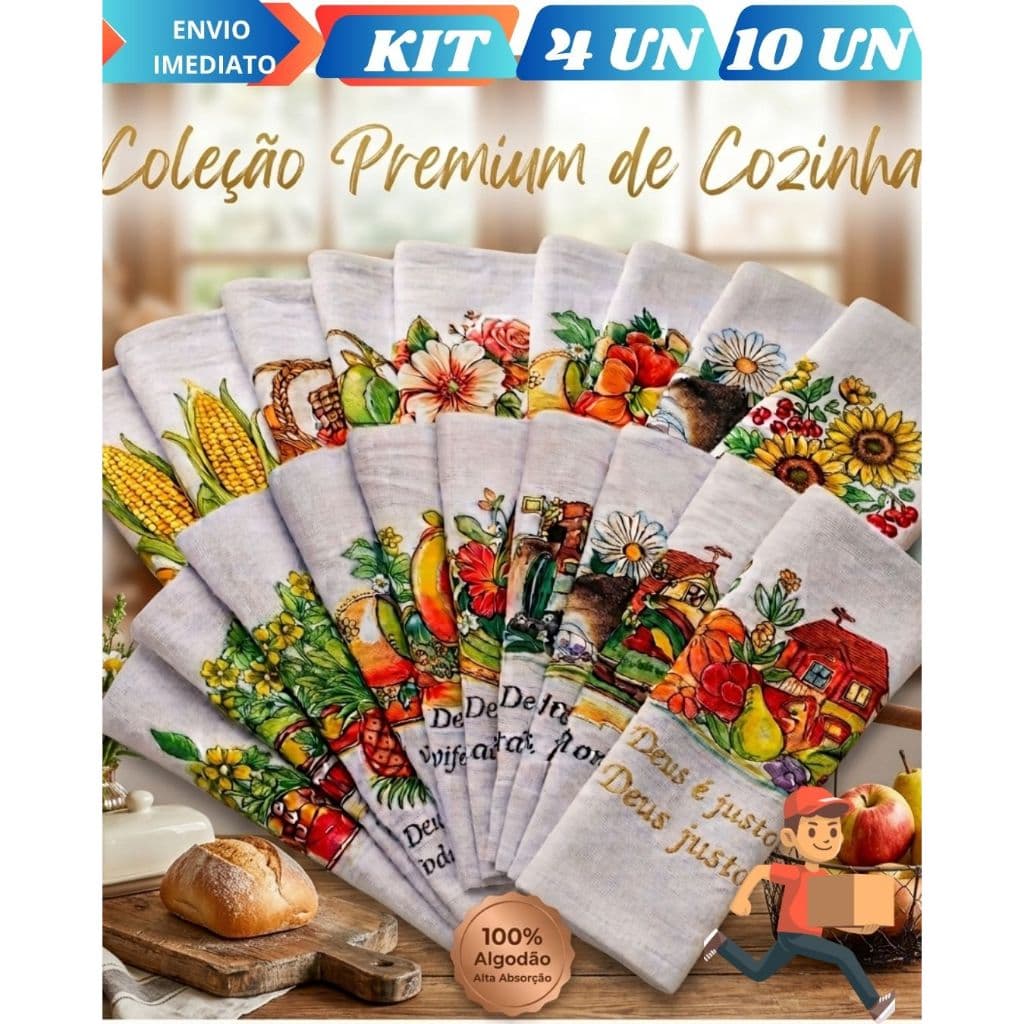 Kit Jogo De 10 ou 4 Pano De Prato Estampado Linha Premium Com Bainha 100% Algodão.Alta Absorção Alta Durabilidade
