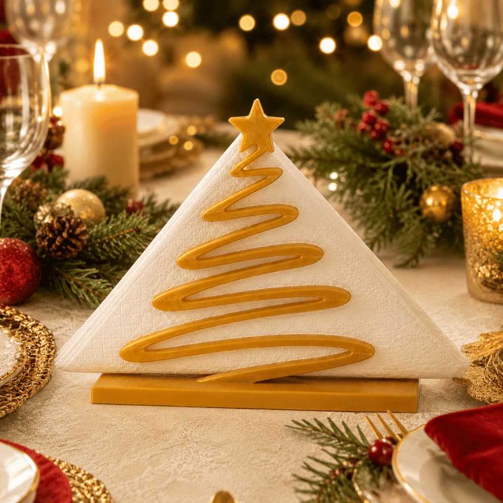 Porta Guardanapo Árvore de Natal Dourada com Estrela Decoração de Mesa Posta Natalina Luxo