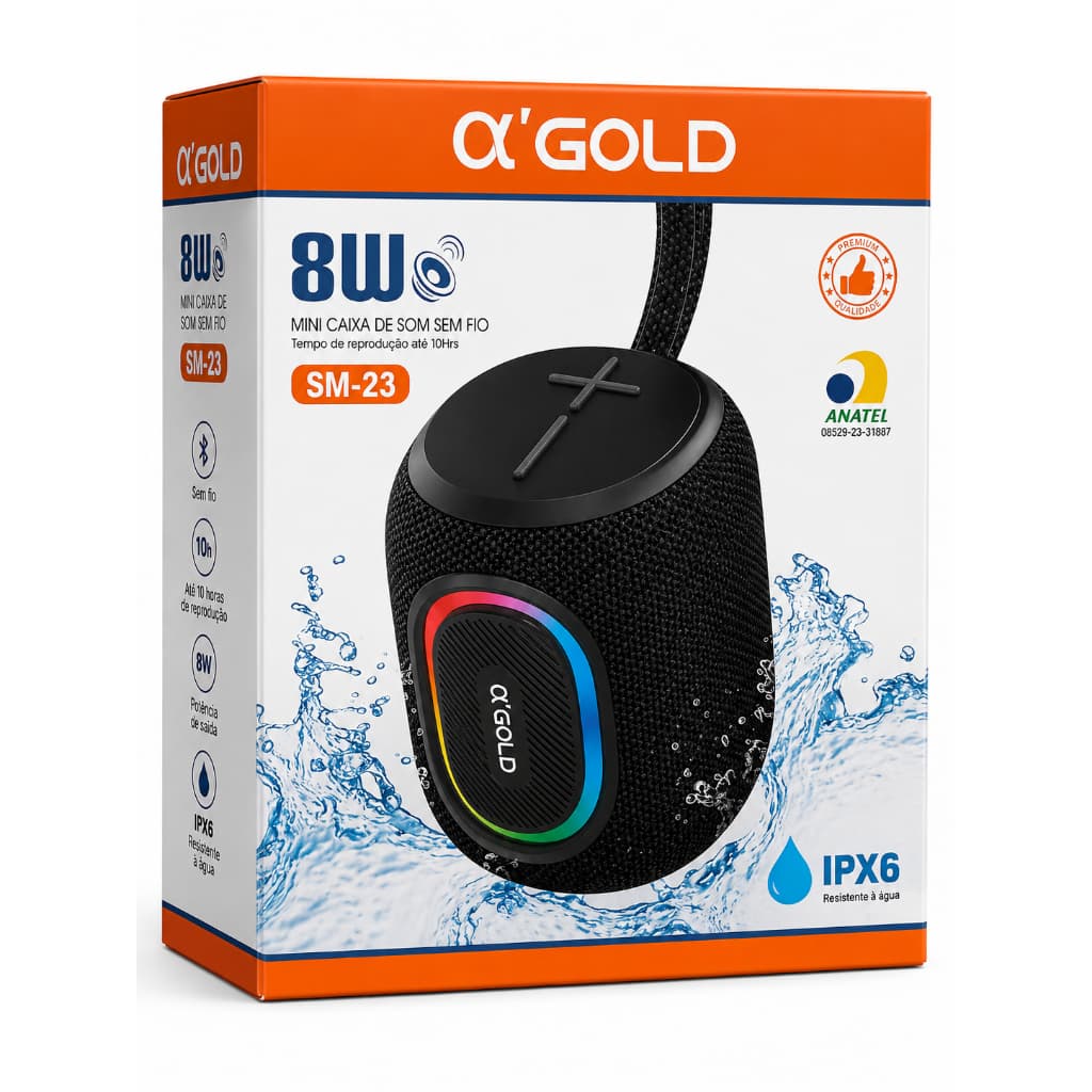 Caixa de Som Bluetooth Alpha Gold SM-23 8W RGB IPX6 Resistente à Água