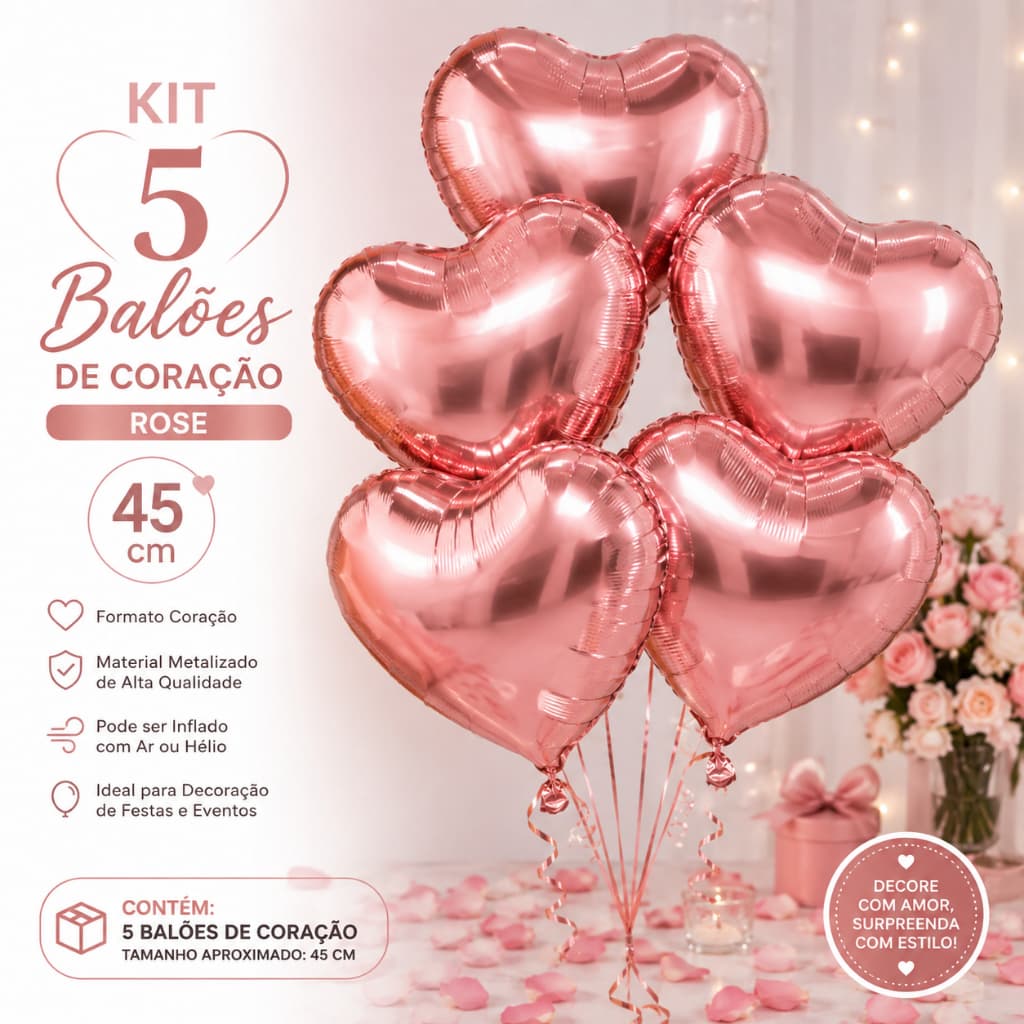 Kit 5 Balões Metalizados Coração Rose Gold 45 cm – Decoração para Festas