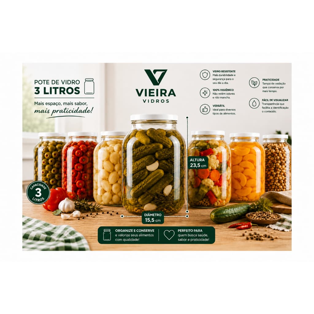 Pote de Vidro 3 Litros com Tampa Branca – Arroz, Feijão, Conservas e Mantimentos