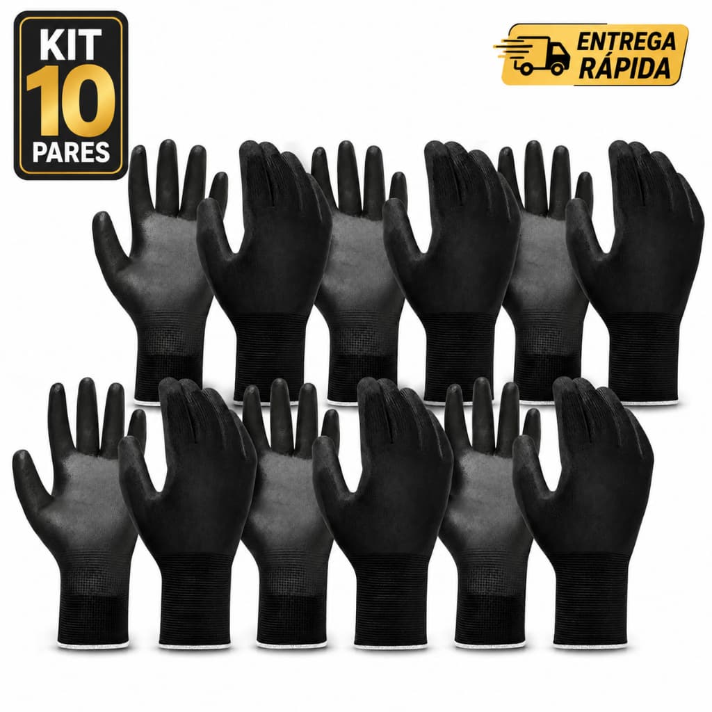 Luva Multitato Tátil PU Multiuso Proteção Pedreiro Marceneiro Mecânico Manutenção Geral Antiestática CA Kit 10 Pares