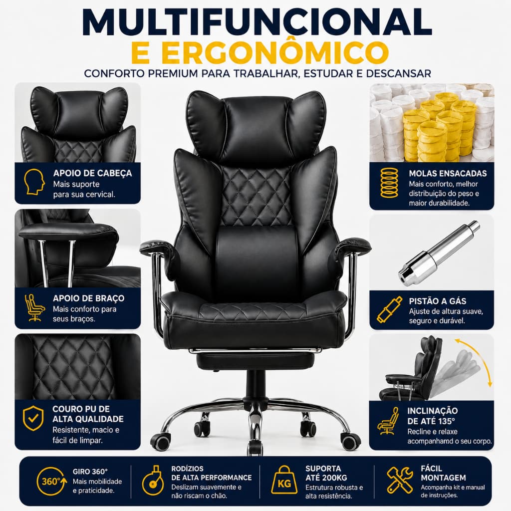 Cadeira de Escritório UltraFoot Premium Ergonômica Reclinável em Couro Sintético Apoio para Pés Cor Preto