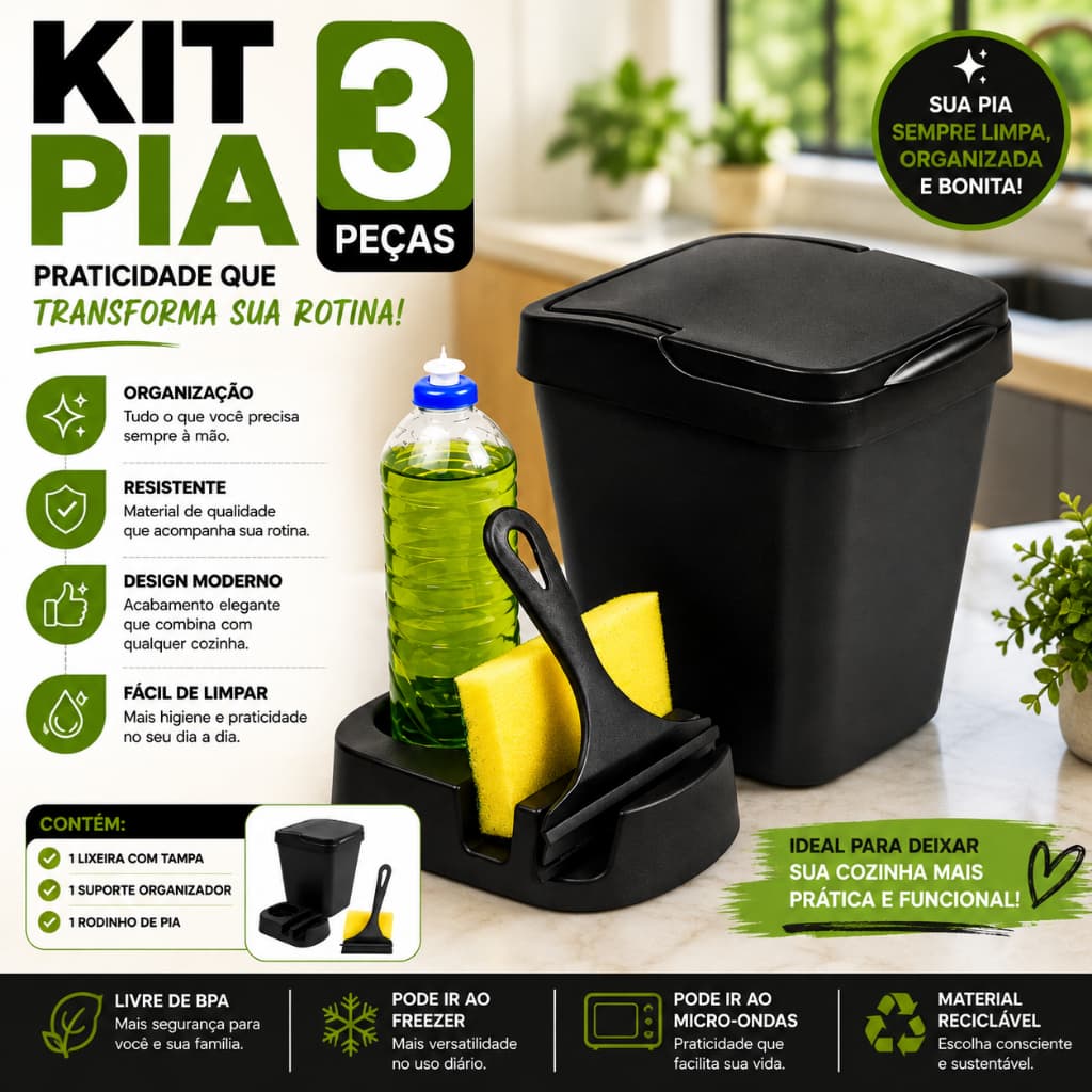 Kit Pia Cozinha 3 em 1 com Lixeira Porta Detergente e Rodo para Bancada