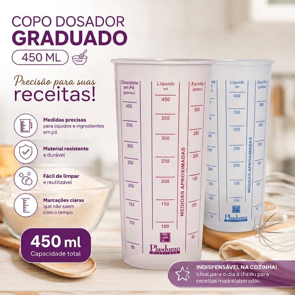 Copo Plástico Graduado Dosador Receitas para Cozinha Copo Medidor 450 ML Medidor preciso Resistente 3 cores disponível