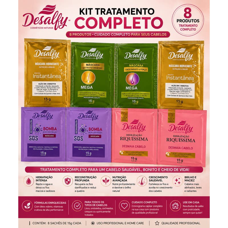 Kit 8 Sachês Máscaras Capilares Desalfy 15g – Cronograma Capilar Completo