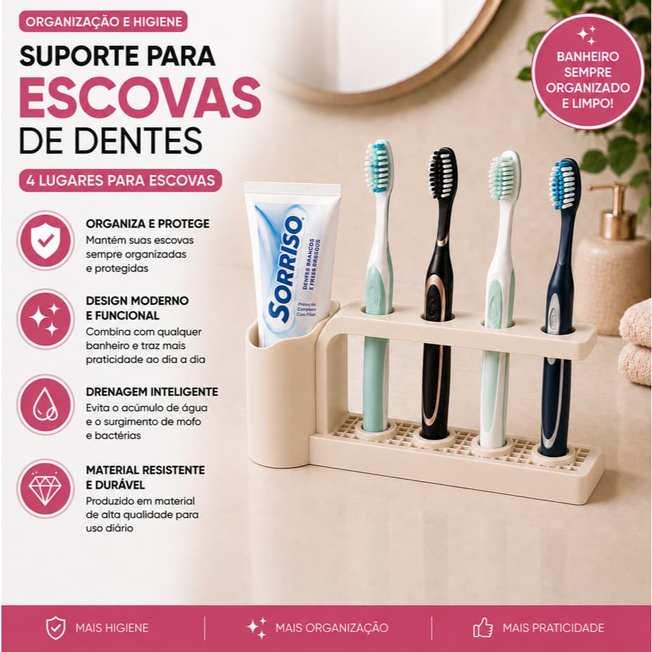 Suporte Porta Escovas de Dente Organizador de Banheiro Porta Creme Dental Base Drenante Bege